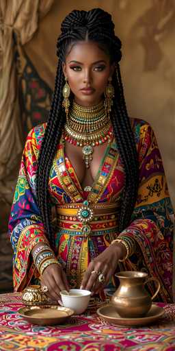 This image features a striking portrait of a young African-American woman, likely in her 20s, with a dark complexion. She is adorned in an elaborate, traditional African dress that is richly decorated with vibrant colors including reds, yellows, purples, and blues. The dress is low-cut, revealing a significant portion of her chest, and is cinched at the waist with a thick belt that boasts a prominent green gemstone. Her long, intricately braided hair cascades down to her waist, with some braids framing her face and others flowing down her arms.

Her makeup is bold, with dark eyeshadow and lipstick that accentuates her features. She wears large, dangling earrings that add to her regal appearance. The woman is seated at a table covered with a matching tablecloth that features the same intricate patterns as her dress. On the table, there is a white teacup and a gold-colored teapot, suggesting she is about to pour tea. Additionally, a small gold bowl is placed on the table, adding to the scene's opulent feel. The background is a muted brown, which helps to highlight her vibrant attire and the detailed elements of the setting.