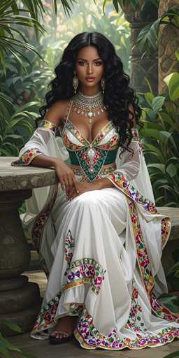 The image depicts a strikingly beautiful woman with long, wavy black hair cascading past her shoulders. She is seated on a stone bench, her right arm resting on a stone table, and her left arm draped over her right arm. Her attire is a stunning white gown adorned with intricate floral patterns in shades of purple, green, and red, which extend from her chest down to her feet. The dress features a low-cut neckline and a green band around her waist, complemented by a sheer, white shawl with similar floral designs. She wears an elaborate, jeweled necklace with a large central gemstone, and her long, dangling earrings add to her regal appearance. Her toenails are painted white, and she wears a black sandal on her right foot. The background is lush with green foliage, palm trees, and a stone column, suggesting an outdoor setting in a tropical or forested area. The overall scene exudes a sense of elegance and natural beauty.