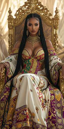 A woman is seated on a golden throne with her hair styled in braids and wearing a long white dress adorned with gold embroidery. The background features a beige curtain that complements the overall color scheme of the image.
