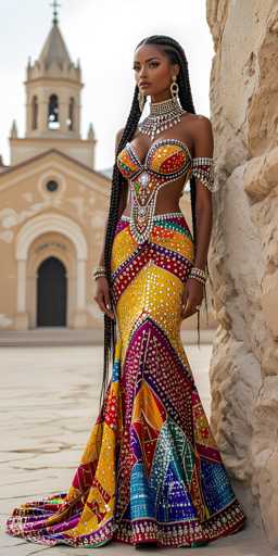 In this vibrant outdoor photograph, a striking young woman with dark skin and long, intricately braided black hair stands confidently against a textured, tan-colored rock wall. She is adorned in a dazzling, multi-colored dress that features an array of hues including yellow, red, purple, blue, and green. The dress is intricately designed with a bra-like top and a flowing skirt that drapes elegantly to the ground, complemented by a train that extends behind her. Her attire is further embellished with an array of jewelry, including a thick, ornate choker necklace, long dangly earrings, bracelets on her wrists, and armbands on her upper arms. She gazes directly at the camera with a composed expression, exuding a sense of grace and poise. In the background, a large, tan-colored church with a prominent steeple and cross stands against a clear blue sky, adding a serene and majestic backdrop to the scene.