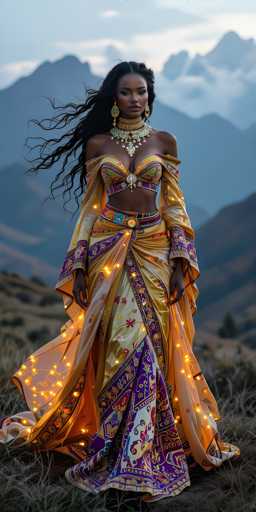 A woman stands on a hilltop, wearing an ornate gold and purple dress with a long train that flows behind her as she gazes into the distance. The sky above is a light blue color, dotted with fluffy white clouds, creating a serene backdrop for the scene.