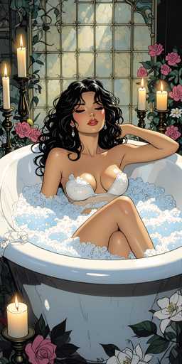 The image depicts a detailed, cartoon-style illustration of a woman relaxing in a white bathtub filled with blue water and bubbles. She has long, curly black hair cascading over her shoulders and is adorned with blue earrings. Her eyes are closed, and her red lips are slightly parted, giving her a serene expression. She is wearing a white bikini top, and her right arm is bent with her hand resting behind her head, while her left arm is submerged in the water. The bathtub is surrounded by a lush setting of green leaves and pink roses, with additional white flowers visible in the bottom right corner. In the background, a large window with a grid pattern allows light to filter through, and four lit candles in black candlesticks are placed around the scene, adding a warm glow. The overall ambiance is one of tranquility and luxury, reminiscent of a high-end, adult-oriented comic book or anime style.