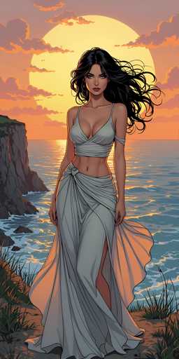 A captivating illustration features a woman standing on a sandy beach, gazing directly at the viewer. She is adorned in a striking white dress that combines elements of a bikini top and a flowing skirt, which elegantly drapes around her legs. The dress is accentuated by a delicate white ribbon that wraps around her upper arms. Her long, wavy black hair cascades down her back, adding to her ethereal appearance. The woman's skin is a rich brown tone, and she wears a subtle, closed-mouth smile.

The backdrop is a serene ocean, with gentle waves lapping against the shore. The sky above is a mesmerizing blend of orange and purple hues, with a large, radiant yellow sun at its center, casting a warm glow over the scene. To the left of the woman, a rocky cliff juts out into the water, adding a rugged contrast to the tranquil setting. The overall composition exudes a sense of calm and beauty, capturing a moment of serene grace by the sea.