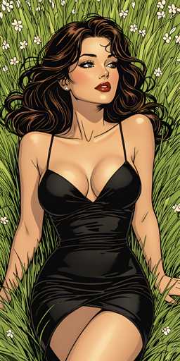 The image depicts a detailed cartoon drawing of a woman with long, wavy brown hair that cascades down to her chest. She is wearing a black dress with thin straps that accentuates her figure, particularly highlighting her large breasts and curvaceous waist. The dress is form-fitting and extends to just above her knees, revealing her legs. Her makeup is noticeable, with red lipstick and blush on her cheeks, and she has white earrings. The woman is lying on a bed of tall, green grass interspersed with small white flowers, gazing off to the right. The overall scene is vibrant and detailed, capturing the essence of a serene and picturesque moment.