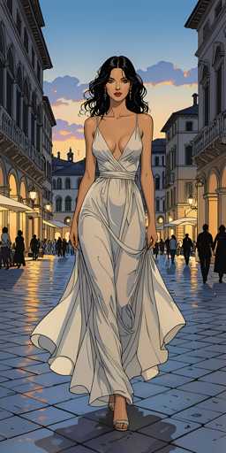The image depicts a detailed, computer-generated scene of a woman walking down a cobblestone street at dusk. The woman, who has long, wavy black hair parted in the middle, is wearing a white, low-cut dress with thin straps and a sash around her waist. She is also adorned with long earrings and high-heeled sandals. Her dress flows elegantly around her, and she holds it slightly in front of her as she strides forward. The cobblestone street is wet, reflecting the soft light of the setting sun, which casts a warm glow on the scene. Surrounding her are tall, multi-story buildings with arched windows and balconies, some of which have lights on, adding to the ambiance. The sky above is a mix of blue and gray clouds, tinged with orange hues from the sunset. In the background, people are seen walking along the street, contributing to the lively atmosphere of this picturesque urban setting.