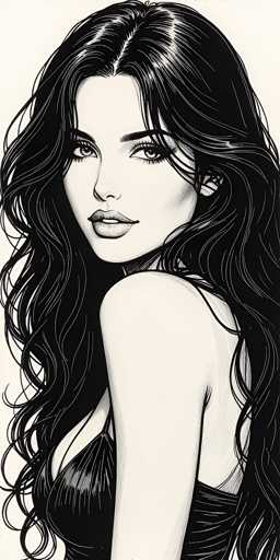 This black and white illustration features a strikingly beautiful woman with long, wavy black hair that cascades down to her waist. She is depicted in a side profile, facing left, but her head is turned towards the viewer, creating a captivating gaze. Her hair is parted in the middle, framing her face with soft waves that fall over her shoulders. She has full lips, slightly parted to reveal her teeth, and a delicate nose. Her eyes are accentuated with long eyelashes and dark eyebrows, adding to her allure.

The woman is wearing a black dress that is low-cut, revealing a hint of cleavage. The dress appears to be made of a shiny material, possibly satin or silk, and it is sleeveless, exposing her bare shoulders and arms. The illustration captures her from the top of her head down to just below her chest, emphasizing her elegant and alluring figure. The background is a light gray, which contrasts beautifully with her dark hair and attire, making her the focal point of the image.