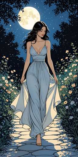 This detailed illustration depicts a woman with long, wavy black hair cascading down to her waist. She is barefoot and dressed in a light blue, sleeveless dress with thin straps and a deep V-neckline that reveals a significant portion of her chest. The dress, which appears to be made of a flowing fabric, is being held up by her hands, revealing her legs. She is walking barefoot on a cobblestone path that is flanked by lush green grass and vibrant flowers in shades of yellow, orange, and blue. The scene is set at night under a starry sky, with a large, glowing full moon positioned slightly to the left of the center. The moonlight casts a soft glow over the woman and her surroundings, enhancing the serene and enchanting atmosphere of the image.