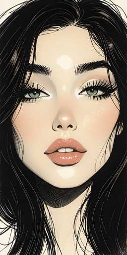 This image features a detailed, close-up drawing of a young woman's face, likely in her late teens or early twenties. She has long, wavy black hair that cascades down to her shoulders, with a few strands falling over her forehead. Her complexion is light, and she has striking green eyes framed by thick black eyebrows and long, black eyelashes. Her lips are painted a light pink shade, slightly parted to reveal her two front teeth. The woman's face is adorned with white highlights on her forehead, nose, and chin, giving her a glowing appearance. She is wearing a white shirt, visible at the bottom of the image. The background is a light beige color, and the overall style of the drawing is reminiscent of anime or manga.