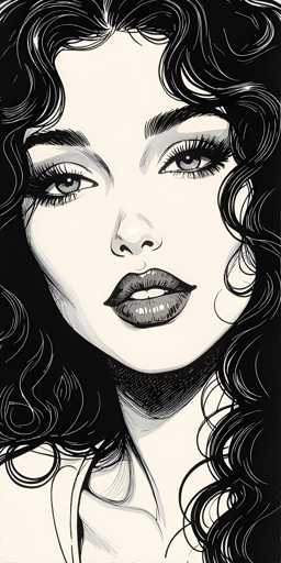This black and white illustration features a close-up of a woman's face, capturing her from the top of her head down to her upper chest. The woman has long, wavy black hair that cascades down both sides of her face, with a few strands falling onto her shoulders. Her complexion is a light tan, contrasting with the black and white elements of the drawing. She has thick, dark eyebrows and long eyelashes that frame her light gray eyes, which gaze directly at the viewer. Her lips are full and dark gray, slightly parted to reveal her top row of teeth. The woman's expression is neutral, and she appears to be wearing a white tank top, with the straps visible on her shoulders. The background is a solid black, emphasizing the detailed and intricate lines of the illustration.
