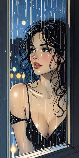 The image depicts a detailed, computer-generated illustration of a woman with long, dark hair cascading past her shoulders. She is wearing a black, strappy nightgown adorned with white polka dots, which reveals her cleavage. The woman is positioned in the center of the image, gazing out of a window with a gray frame. Raindrops are visible on the glass, and the night sky outside is a deep blue, illuminated by a full moon and scattered stars. The scene is set at night, and the woman appears to be looking into the distance, possibly at something or someone outside. The overall color palette includes shades of blue, white, black, tan, pink, and red, contributing to the serene yet contemplative atmosphere of the illustration.