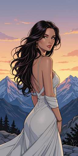 The image is a detailed, computer-generated illustration of a woman standing on a rocky cliff, gazing over her shoulder at the viewer. She has long, dark brown hair that cascades down to her waist, and she is adorned with gold earrings. Her attire is a white, backless dress with thin straps over her shoulders and additional fabric wrapped around her elbows. On her left wrist, she wears a bracelet. The background features a stunning landscape with a series of blue mountains, some of which are illuminated by the setting sun, casting a pinkish hue. The sky above transitions from a light blue to a warm orange near the horizon, dotted with clouds. Below the mountains, there are silhouettes of pine trees, adding depth to the serene and picturesque scene.
