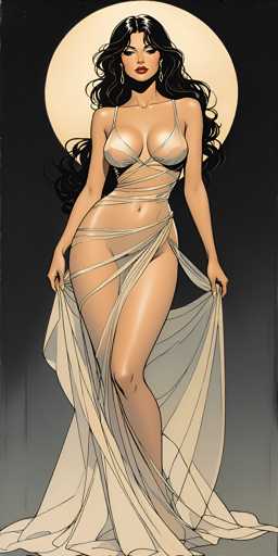 The image depicts a striking, computer-generated illustration of a woman with long, wavy black hair cascading down to her waist. She stands confidently, facing the viewer, with her hands resting on her hips. Her attire is a revealing, white bikini top paired with a sheer, lacy skirt that drapes elegantly from her hips to the floor, creating a dramatic effect as it billows out around her. The background features a gradient that transitions from a dark black at the top to a lighter gray at the bottom, with a prominent, large yellow circle resembling a moon behind her head. The woman's tan skin contrasts beautifully with her dark hair and the soft, ethereal quality of her outfit. Her expression is serious, adding to the overall sense of mystery and allure in the image.
