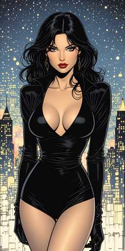 The image features a striking female character set against a vibrant cityscape backdrop. The background showcases a night sky filled with numerous stars, creating a captivating celestial scene. Below the sky, a sprawling cityscape is depicted with towering skyscrapers illuminated by countless lights, suggesting a bustling urban environment.

In the foreground, the female character stands confidently. She is dressed in a sleek, black bodysuit that accentuates her figure. The bodysuit is form-fitting, particularly around her chest, waist, and hips, highlighting her curves. The design includes a distinctive V-shaped cutout that extends down to her stomach, adding a touch of allure to her outfit. The bodysuit also features long sleeves that cover her arms, and it is completed with a collar around her neck.

The character's long, wavy black hair cascades down, framing her face beautifully. Her complexion is a warm tan, and she has striking blue eyes that draw attention. Her lips are painted a bold red, adding a pop of color to her ensemble. She accessorizes with elegant gold earrings that dangle from her ears, completing her sophisticated look.