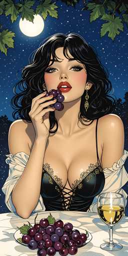 The image is a detailed, computer-generated illustration of a young woman with long, wavy black hair and bangs. She has striking green eyes, red lipstick, and is adorned with gold earrings. The woman is dressed in a black corset with lacy trim and thin spaghetti straps, over which she wears a white shirt that has slipped off her shoulders. She is seated at a table covered with a white tablecloth, holding a bunch of purple grapes in her right hand, with some grapes dangling from her fingers. In front of her on the table is a plate filled with more purple grapes and a glass of yellow wine. The background features a dark blue night sky dotted with white stars and a full moon, framed by green leaves and tree branches. The overall style of the image is reminiscent of a comic book or graphic novel.