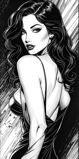This black and white illustration features a striking woman with long, wavy black hair cascading down her back. She is depicted in a provocative pose, looking over her right shoulder directly at the viewer. Her attire is a low-cut, back-exposing black dress that accentuates her curves, with thin straps and a design that reveals her shoulders and the upper part of her back. The woman's face is adorned with dark lipstick, and her eyes are accentuated with long eyelashes. The background is a stark black, interspersed with white lines that create a dynamic, almost chaotic pattern, adding to the overall dramatic effect of the image.