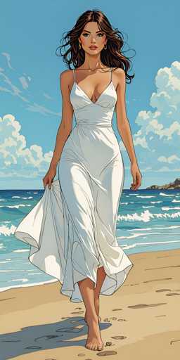 The image is a detailed, computer-generated illustration of a woman walking on a beach. She has long, dark brown hair that flows down to her shoulders and is wearing a white, strappy dress that reveals her cleavage. The dress is long and flowing, with one strap hanging off her shoulder. She is barefoot, with her toes painted white, and is holding the back of her dress with her right hand. The woman has a tan complexion, dark eyebrows, and is adorned with gold earrings. Her expression is serious as she gazes directly at the viewer. The beach beneath her is a light brown color, and the ocean behind her is a mix of light and dark blue hues, with white waves crashing onto the shore. In the distance, there is a small rocky island, and the sky above is a light blue with scattered white clouds. The overall scene is serene and picturesque, capturing the essence of a tranquil beach setting.