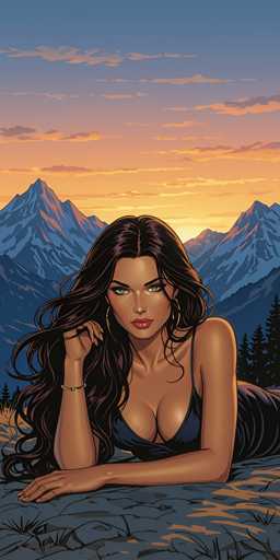 This detailed digital illustration features a strikingly beautiful woman with long, flowing dark brown hair and captivating green eyes. She is lying on a rocky surface, her head propped up by her right hand, which also holds a strand of her hair. Her left arm is stretched out in front of her, resting on the ground. She is adorned in a low-cut, dark blue dress that reveals a significant portion of her chest, and she accessorizes with a bracelet on her right wrist and hoop earrings. The background showcases a stunning mountain range with snow-capped peaks, set against a vibrant sky that transitions from a deep blue at the top to a warm orange near the horizon, suggesting either a sunrise or sunset. The scene is further enriched by the presence of tall pine trees on the right side, adding to the natural beauty of the setting.
