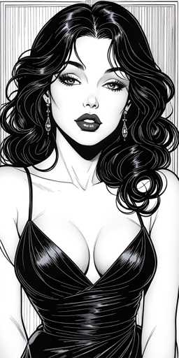 This black and white illustration features a striking woman with long, wavy black hair that cascades down to her chest, partially covering her shoulders. She has a pale complexion and is adorned with teardrop-shaped earrings that dangle elegantly from her ears. Her eyes are accentuated with long eyelashes, and her lips are painted a bold black, slightly parted to reveal her teeth. She is dressed in a form-fitting, low-cut black dress that highlights her cleavage and is cinched at the waist, with thin straps that extend over her shoulders. The background is a simple black and white striped pattern, which contrasts with the detailed depiction of the woman, making her the focal point of the image.