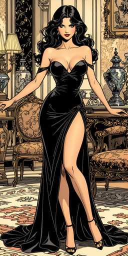 The image depicts a detailed cartoon drawing of a woman standing in a luxurious living room. She is wearing a black, sleeveless dress with a high slit on the right side, revealing her leg. The dress has thin straps that go over her shoulders. The woman has long, wavy black hair that cascades down to her chest, and she is adorned with red lipstick, gold earrings, and black high-heeled shoes. She is positioned with her hands on two ornate chairs that feature brown and black designs. The room is richly decorated, with a white and brown carpet underfoot, a table with a lamp and a vase behind her, and another table with a vase to her right. The walls are adorned with wallpaper and a painting in a gold frame. The overall scene exudes elegance and sophistication.