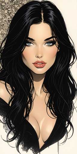 This is a detailed digital illustration of a young woman, likely in her 20s, with long, wavy black hair that cascades down to her chest. She has striking blue eyes, accentuated by long eyelashes and black eyebrows. Her lips are painted a vivid red, and she has a slight smile, revealing her top teeth. She is wearing a black dress with a plunging neckline that reveals some cleavage, and the dress appears to have a lace-like texture. The background is predominantly white, with a subtle floral pattern in the top left corner. The overall style of the illustration is reminiscent of a comic book or graphic novel, with a focus on her facial features and upper body.