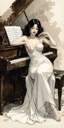 The image depicts a detailed, anime-style drawing of a woman seated at a grand piano. She is dressed in a long, flowing white dress with spaghetti straps, which elegantly drapes over her lap and pools around her feet. Her bare feet rest on the floor, and she is barefoot. The woman has long, wavy black hair cascading down her shoulders, and she wears red lipstick and dangling earrings. Her eyes are closed, and her head is tilted downward, giving the impression that she is deeply immersed in thought or perhaps lost in the music. She is leaning on her right arm, which rests on the piano, while her left arm is draped over the back of the piano bench. The grand piano, made of dark brown wood, features an open music book with black and white sheet music standing upright on its back. The scene is set against a backdrop of a white wall with gray splotches, adding a touch of artistic texture to the setting.