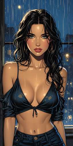 The image depicts a striking, computer-generated woman with long, wavy black hair cascading past her shoulders. She has a tan complexion, accentuated by her large, expressive blue eyes and full lips painted in a pinkish-red hue. Her face is adorned with rosy cheeks, adding a touch of warmth to her features. She is dressed in a dark blue bikini top that reveals her toned midriff and large breasts, paired with dark blue jeans. Her sleeves are rolled up to her elbows, adding a casual yet alluring element to her outfit. The woman stands in front of a window, gazing directly at the viewer with a serious expression. The window behind her offers a view of a nighttime cityscape, illuminated by streetlights and the glow of buildings, with rain gently falling outside. The scene is framed by the window's black border, which contrasts with the dark blue night sky.
