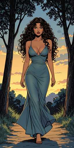 The image is a detailed cartoon drawing of a woman with long, curly brown hair cascading down to her waist. She is wearing a form-fitting, light blue dress that accentuates her figure, with thin straps over her shoulders and a deep neckline that reveals some cleavage. The dress flows elegantly to the ground, with a slight lift on the right side, revealing her left foot. She has gold hoop earrings and is barefoot, standing on a dirt path. The path is flanked by tall, dark trees with sparse leaves, and the ground is covered with green grass. In the background, the sky transitions from a light blue at the top to a yellowish hue near the horizon, suggesting either a sunrise or sunset. The scene is serene and picturesque, with the woman as the central focus, framed by the natural elements of the forest and the soft, warm light of the sky.