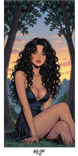 The image depicts a striking, computer-generated illustration of a woman with long, curly black hair cascading down to her waist. She is seated on the ground, leaning against a tree, with her legs crossed and her right hand resting on the grass. The woman is dressed in a low-cut, dark blue dress that accentuates her cleavage, and she wears gold hoop earrings. Her skin is a light brown, and she has a serious expression on her face, with her mouth slightly open, revealing her teeth. The background features a serene landscape with two trees flanking her, a grassy area, and a distant tree line. The sky above is a blend of blue and orange hues, suggesting either a sunrise or sunset, with clouds tinged in orange. The overall scene is framed by a thin black border, and at the bottom of the image, there is text that reads "MUI CAT" in black letters.
