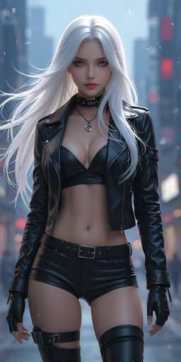 A woman with long blonde hair and a black leather jacket is standing on the street wearing black shorts and boots. She has her hands in her pockets and is looking directly at the camera.