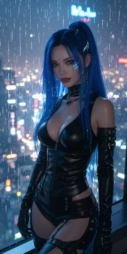 A striking image features a woman with long, flowing blue hair styled in a ponytail. She is adorned in a sleek black leather bodysuit that accentuates her figure, complete with long gloves that extend up to her biceps. The bodysuit is zipped up to her chest, revealing a hint of cleavage. Around her neck, she wears a choker with a pendant, adding a touch of elegance to her edgy look. Her lips are painted a bold red, and she sports a distinctive beauty mark on her cheek. A small black dot is centered on her forehead, adding an air of mystery. She accessorizes with long, dangling earrings that complete her stylish ensemble. The backdrop is a vibrant cityscape at night, illuminated by an array of neon lights in various colors—neon blue, pink, yellow, and white—creating a dazzling urban panorama.