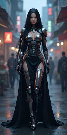 The image depicts a strikingly beautiful woman with long, straight black hair cascading down to her waist. She is adorned in a form-fitting, metallic outfit that accentuates her figure, particularly highlighting her large chest. The outfit features a black dress with a high slit on the right side, revealing her leg. The dress is complemented by metallic armor that extends from her chest down to her knees, and she wears matching metallic boots. Her hands are encased in black gloves, adding to her enigmatic appearance. She stands confidently in the middle of a bustling street, surrounded by people who are walking away from her. The background is slightly blurred, but it appears to be a city street with neon signs and buildings, suggesting an urban setting. The overall scene is vibrant and dynamic, capturing the essence of a futuristic or video game-like environment.
