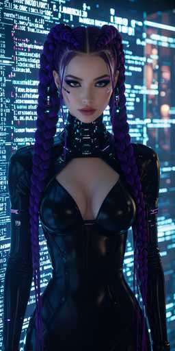 A woman with purple hair styled into braids stands against a backdrop of blue and white digital code. She is wearing a black outfit that includes a bodysuit and boots. The background features a grid of numbers and letters in shades of blue and white.