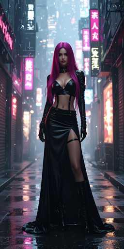 In this captivating image, a woman stands confidently in the middle of a rain-soaked street, her striking appearance immediately drawing attention. She has long, flowing hair that transitions from a deep purple at the roots to a lighter pink at the tips, cascading down to her waist. Her outfit is a bold mix of black and leather: she wears a black bra that accentuates her cleavage, paired with a matching black leather skirt that features a daring slit on the right side, revealing her leg. A black garter belt adorns her thigh, complementing her sleek black boots that extend up to her knees. Her ensemble is completed with long black gloves that reach up to her biceps, adding a touch of edginess to her look.

The backdrop is a bustling cityscape, likely in Japan, as suggested by the numerous signs with Japanese characters. The street is lined with tall buildings on both sides, their facades adorned with vibrant neon signs in shades of pink, red, and orange, casting a colorful glow over the scene. The wet pavement reflects the neon lights, enhancing the moody, atmospheric setting. The woman stands with her hands at her sides, gazing directly at the camera, exuding a sense of strength and allure amidst the urban environment.