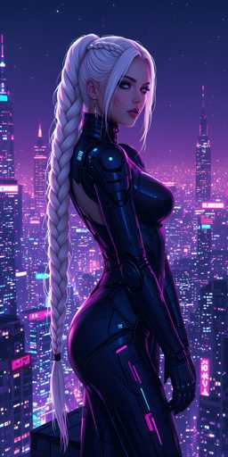 The image depicts a striking female character, possibly from a video game or an anime, set against a futuristic cityscape. She stands confidently on a rooftop, her long white hair styled in a braided ponytail that cascades down her back. Her attire is a sleek, form-fitting black bodysuit with a high collar, leaving her shoulders and back exposed. The suit features intricate details, including a pink stripe running down the side of her leg and a blue stripe on the back of her thigh. She has a serious expression, with her head turned slightly to the right, showcasing her blue eyes and a small earring. The background reveals a sprawling city at night, illuminated by countless lights and adorned with tall skyscrapers, some with pink-lit spires. The sky above is a deep blue, dotted with stars, enhancing the sci-fi ambiance of the scene.