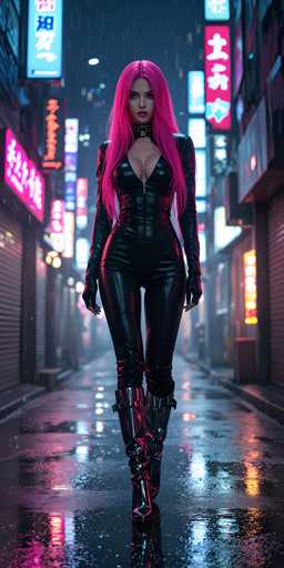 In this captivating image, a woman stands confidently in the middle of a rain-soaked street, her striking appearance immediately drawing attention. She is dressed in a sleek, black leather catsuit that accentuates her figure, paired with knee-high boots that feature a distinctive red stripe running up the back. Her long, vibrant pink hair cascades down, framing her face and adding a splash of color to the scene. Around her neck, she wears a choker, adding an edgy touch to her ensemble.

The backdrop is a bustling cityscape, likely in Japan, as suggested by the numerous signs adorned with Japanese characters. The street is flanked by buildings on both sides, their facades illuminated by a myriad of neon signs in various colors—pink, blue, and red—casting a warm glow over the wet pavement. The rain has left the street shimmering, with puddles reflecting the neon lights and creating a mesmerizing interplay of colors. The overall atmosphere is one of urban vibrancy and artistic flair, perfectly capturing a moment of modern, rainy city life.