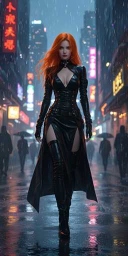 In this captivating image, a striking woman with vibrant red hair and matching red eyes stands confidently in the middle of a bustling city street. She is dressed in a sleek, black leather outfit that accentuates her curves, featuring a low-cut neckline and long sleeves. Her ensemble is completed with thigh-high black leather boots, adding to her bold and edgy appearance. The woman's pale skin contrasts sharply with her dark attire, making her the focal point of the scene.

The backdrop is a vibrant cityscape, illuminated by numerous neon signs and billboards that cast a colorful glow over the wet, reflective street. The rain has left the pavement shimmering, mirroring the lights and adding a dynamic element to the atmosphere. Surrounding the woman, several people walk with umbrellas, suggesting a drizzly day. The buildings in the background are adorned with various signs, including one with red Chinese characters, adding an element of cultural diversity to the urban setting. The overall scene is a mesmerizing blend of modern city life and the woman's striking presence.
