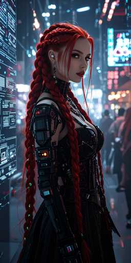 The image depicts a striking, computer-generated female character with long, red hair styled in multiple braids that cascade down to her knees. She has a pale complexion and is adorned with red lipstick and dark, defined eyebrows. Her attire is a form-fitting, black leather dress that accentuates her figure, featuring a corset-like top and a long skirt. The dress is intricately detailed with mechanical elements, particularly on her right arm, which is covered in a robotic sleeve with glowing lights and small screens. She also wears a mechanical collar around her neck. The background is a blurred cityscape with neon lights and people walking, suggesting a futuristic, cyberpunk setting. To her left, there is a large screen displaying various diagrams and information, adding to the high-tech ambiance of the scene.