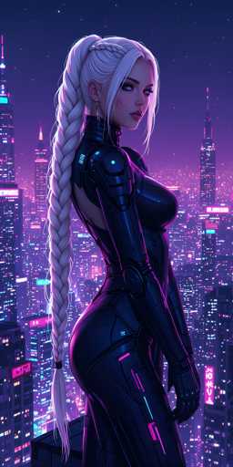 The image depicts a woman with long blonde hair and blue eyes standing on the edge of a rooftop at night. She is wearing a black outfit that includes a bodysuit and gloves, giving her an edgy appearance. The city skyline in the background features tall buildings illuminated by neon lights against a dark sky, creating a striking contrast between the urban landscape and the woman's solitary figure.