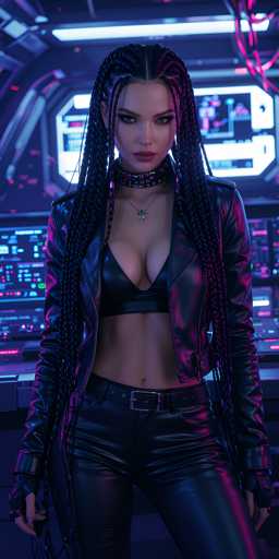 The image depicts a highly detailed, computer-generated female character, possibly from a video game or animated movie. She stands confidently in the center of the frame, with long black hair intricately braided into multiple sections that cascade down to her waist. Her attire is a striking combination of a black leather jacket, a black leather sports bra, and matching leather pants, all accentuated by a black belt with a silver buckle. She accessorizes with a choker necklace adorned with spikes and a pendant necklace featuring a silver design. Her makeup is bold, with dark red lipstick and heavy eye makeup, and her fingernails are painted a matching dark red. The background suggests she is inside a spaceship or futuristic control room, filled with an array of glowing screens, buttons, and panels illuminated in shades of blue, pink, and purple. The overall scene is bathed in a dark, moody ambiance, with the character's outfit and the high-tech environment creating a visually captivating contrast.