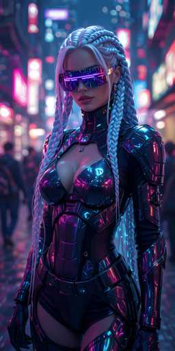 A woman with long blonde hair and blue glasses is standing on a street at night, wearing a futuristic outfit that includes a metallic bodysuit and boots. The background features neon lights from various buildings lining the street, creating an urban atmosphere.