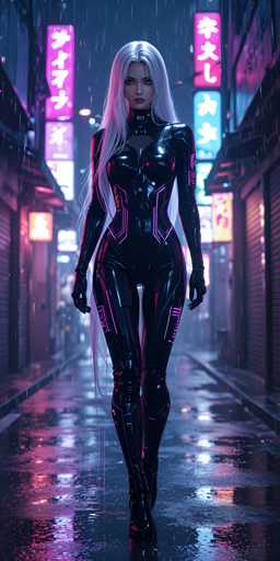 In this captivating image, a woman stands confidently in the middle of a rain-soaked street, her striking appearance immediately drawing attention. She is dressed in a sleek, form-fitting black leather bodysuit adorned with subtle pink accents that outline the contours of her outfit. Her long, flowing white hair cascades down to her waist, contrasting beautifully with her dark attire. She wears black gloves that extend up to her elbows, adding to her enigmatic allure. Her eyes are a mesmerizing blue, and her lips are painted a bold red, enhancing her captivating presence.

The street around her is lined with buildings on both sides, their facades illuminated by vibrant neon signs. These signs, featuring characters in a foreign language, cast a colorful glow of pink, blue, and white onto the wet pavement, creating a mesmerizing interplay of light and shadow. The rain has left the street glistening, reflecting the neon hues and adding a shimmering effect to the scene. The woman stands with her hands at her sides, her legs slightly apart, exuding a sense of poise and self-assurance. The overall atmosphere is one of urban mystery and allure, with the neon-lit street serving as a dramatic backdrop to her striking figure.