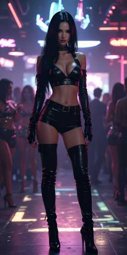 In this striking image, a woman stands confidently in the center of a dimly lit room, exuding an aura of allure and power. She is dressed in a tight, black leather outfit that accentuates her figure, featuring a cropped top that reveals her midriff and very short shorts. Her long, black hair cascades down to her chest, complementing her bold red lipstick and the choker around her neck. She wears thigh-high black leather boots with high heels, and fingerless gloves that extend to her elbows, adding to her edgy look. Her pose is direct and engaging, as she gazes straight ahead at the camera. The background is blurred, filled with indistinct figures of other people, suggesting a lively setting, possibly a bar or nightclub. The room is illuminated by various neon lights in shades of pink, blue, and orange, casting a vibrant glow that enhances the overall mood of the scene.