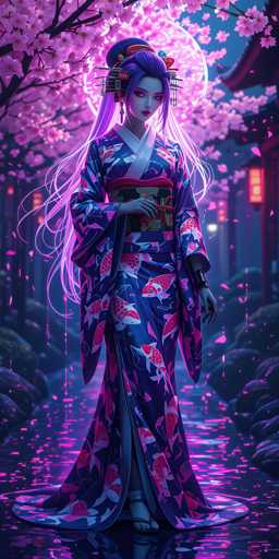 A woman is standing on a riverbank wearing a traditional Japanese kimono with pink and purple flowers. She has long hair that flows down her back as she gazes off to the side. The background features trees and buildings under a full moon, creating an ethereal atmosphere.