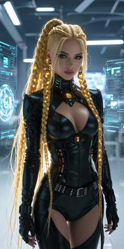 The image depicts a highly detailed, computer-generated female character, possibly from a video game or movie. She stands in a futuristic, high-tech environment, illuminated by neon blue and white lights that create a striking backdrop. The character is dressed in a sleek, black leather outfit that accentuates her figure, featuring a low-cut top that reveals a significant portion of her chest and a high slit on her left thigh. Her ensemble includes a black leather belt with a silver buckle and matching gloves that extend up to her elbows.

Her long, blonde hair is intricately styled into multiple braids that cascade down her back and over her shoulders, with some strands falling over her chest. She has a tan complexion and wears pink lipstick, adding a touch of color to her otherwise monochromatic attire. Her eyes are a captivating blue, and she sports a serious, almost stern expression. The background is filled with holographic displays and diagrams, enhancing the futuristic ambiance of the scene.