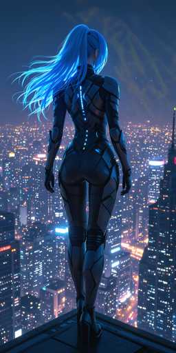 The image depicts a futuristic, cyberpunk-inspired scene featuring a female character with long, flowing blue hair tied in a ponytail. She is dressed in a sleek, black, form-fitting bodysuit that extends from her neck to her feet, adorned with glowing blue lights along the spine and various intricate mechanical details. The character stands on the edge of a rooftop, gazing out over a sprawling, neon-lit cityscape filled with towering skyscrapers and illuminated buildings. The sky above is a deep blue, dotted with wispy clouds, adding to the overall dark and moody atmosphere of the scene. The image is a vertical rectangle, approximately two and a half times taller than it is wide, capturing the essence of a dystopian, high-tech world.