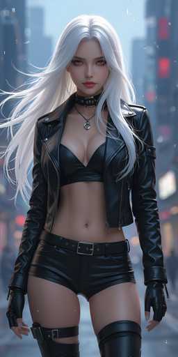 The image depicts a highly detailed, computer-generated female character, likely from a video game or animated movie. She stands confidently in the middle of a city street, framed by tall buildings and a blurred background of red and white lights. Her long, flowing white hair cascades down to her waist, complementing her striking red lipstick and light brown eyes. She wears a black leather jacket, unzipped to reveal a black bra and matching leather shorts. Her outfit is accessorized with a black choker necklace, a pendant necklace, and black leather boots that reach up to her thighs. The character's pose is bold, with her hands resting on her hips, exuding a sense of strength and allure.