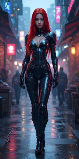 A woman with red hair and a black outfit is walking down a wet city street at night. The streetlights cast an ethereal glow on the scene, illuminating the wet pavement beneath her feet. In the background, there are buildings adorned with neon signs that add to the urban atmosphere of the image.