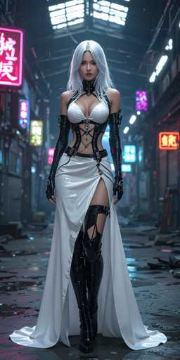 A woman stands confidently in an urban setting, wearing a white dress with black straps and boots that match the neon lights around her. The background is dark and filled with neon signs, creating a futuristic atmosphere.
