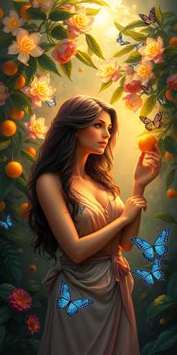 A woman with long brown hair is standing in a garden surrounded by orange trees and blue butterflies. She is wearing a white dress and holding an orange fruit in her hand. The background features lush green foliage and vibrant flowers.
