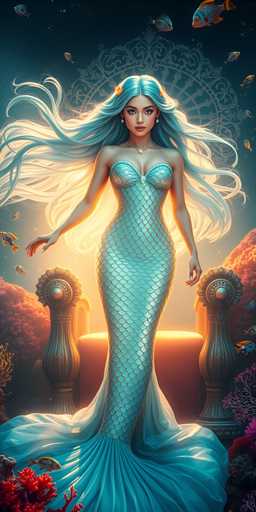 This is a detailed, computer-generated image of a mermaid standing in the center of the frame. She has long, flowing blue hair with white tips, adorned with a couple of orange flowers. Her blue eyes and red lips stand out against her pale skin. She is wearing a strapless, mermaid-style dress that transitions from a scaly texture at the top to a flowing skirt at the bottom. The dress is light blue, matching her hair. She has a necklace with a small pendant and earrings. Her arms are extended to her sides, with her right hand slightly raised. 

Behind her is a large, ornate chair with a pink cushion and gold-colored armrests. The background features a dark blue, almost black sky, with several fish swimming around her, including a prominent orange fish in the upper right corner. There are also red and pink coral formations, particularly noticeable in the lower left corner. The overall scene is set underwater, with the mermaid as the central focus, surrounded by vibrant marine life and intricate details.